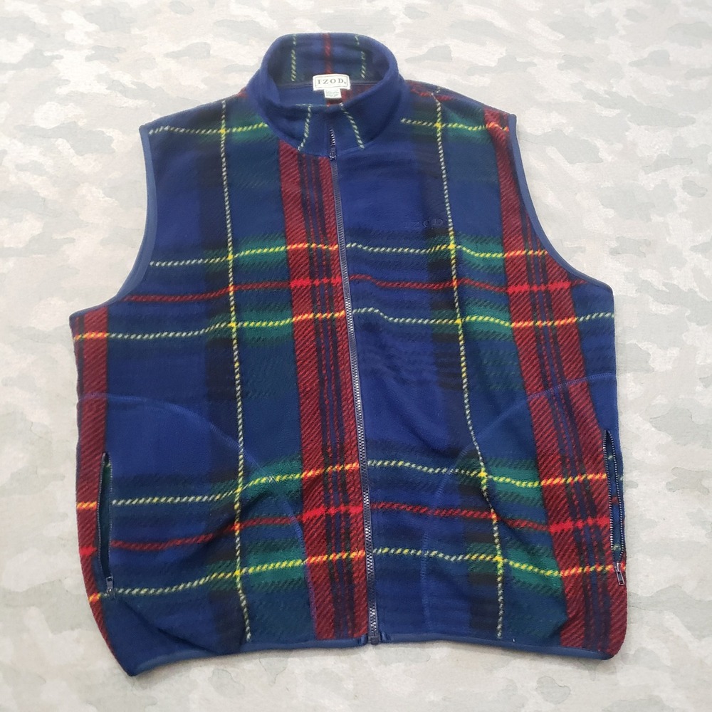 Vintage IZOD Fleece Vest Mens XL Blue Plaid Full Zip Pockets Sleeveless